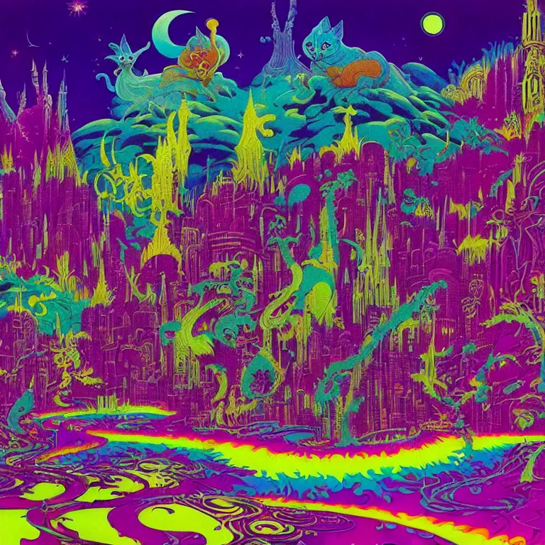 Prompt: massive psychedelic cat rampage in mystical crystal city, bright neon colors, highly detailed, cinematic, eyvind earle, tim white, philippe druillet, roger dean, lisa frank, aubrey beardsley