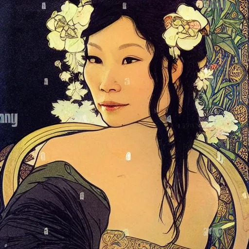 Image similar to lucy liu portrait by louis - theophile hingre and alphonse mucha, realistic, sharp focus, zodiac signs, tarot cards, planets, ethereal, art nouveau, magic, moon, sun, crown, dreamy, royal, jewellery