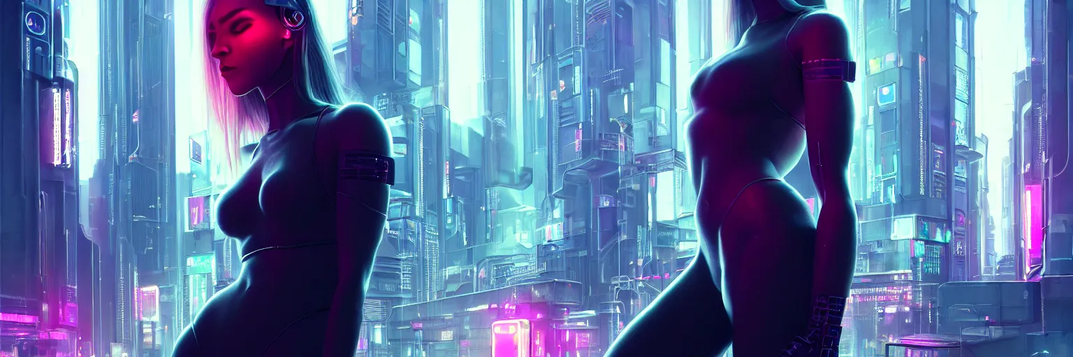 Prompt: portrait of a single scandinavian female humanoid in a cyberpunk cityscape, half body cropping, elegant glamor pose, accurate anatomy, cyber neon lighting, bokeh, rule of thirds, hyper photorealistic, crispy quality, digital photography, art by pascal blanche, art by artgerm, art by greg rutkowski,