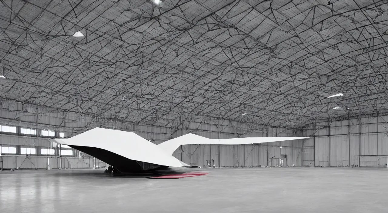 Prompt: a hangar with a hypersonic jet by Gijsbert d'Hondecoeter and József Rippl-Rónai