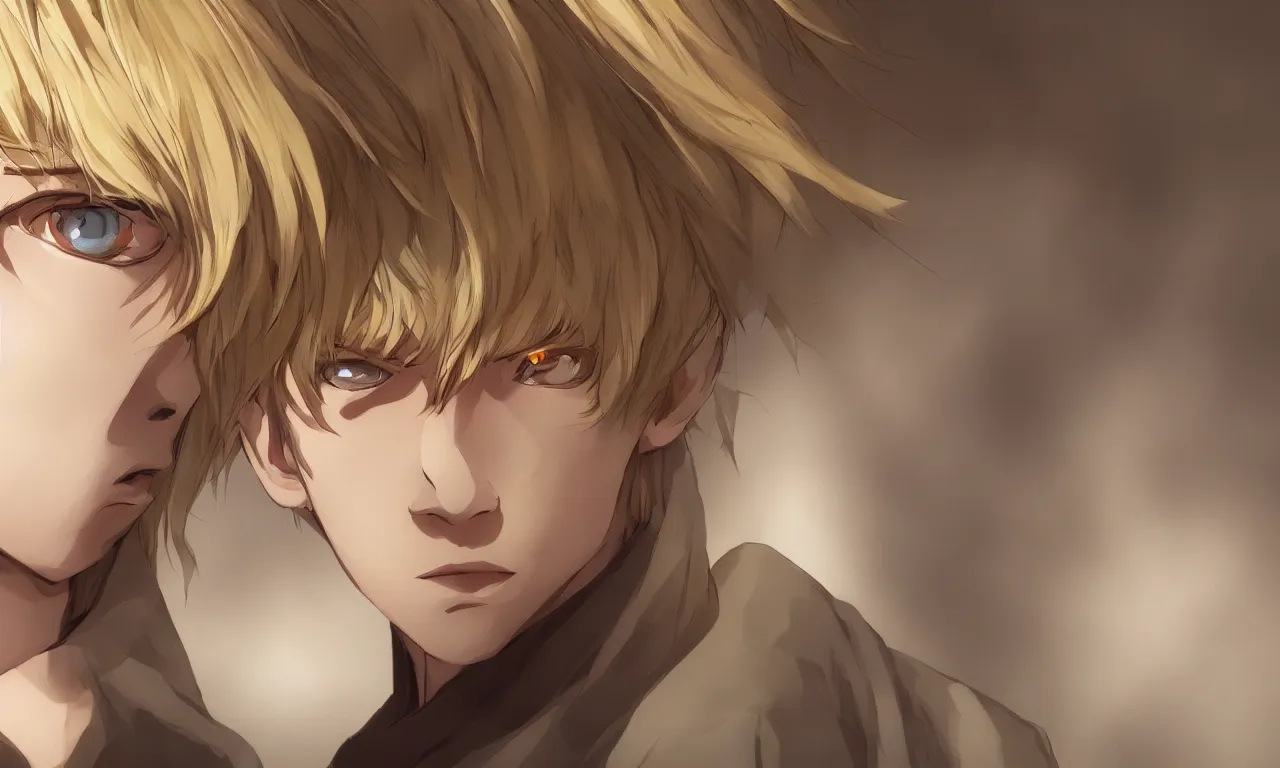 Image similar to solo portrait of blonde boy with golden eyes wearing a brown cape, anime screenshot, mappa studio artstyle, hyper realistic, pale skin, 4 k, rule of thirds, extreme detail, detailed drawing, trending artstation, hd, fantasy, realistic lighting, sharp focus, backlit,