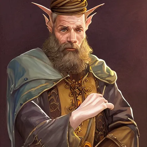 Image similar to Tarski Fiume, half-elf Time Wizard who looks like a young John Malkovich but with short brown hair and a beard, iconic character art by Wayne Reynolds for Paizo Pathfinder RPG