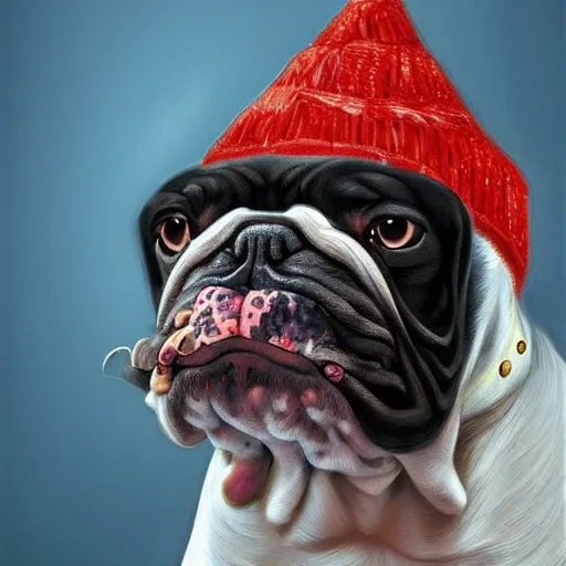 Prompt: bulldog wearing a beanie, highly detailed, sharp focus, digital painting, artwork by Victor Adame Minguez + Yuumei + Tom Lovell + Sandro Botticelli