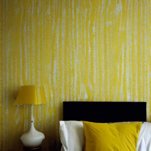 Prompt: empty yellow rooms with yellow fluorescent lights, monotonous wallpaper