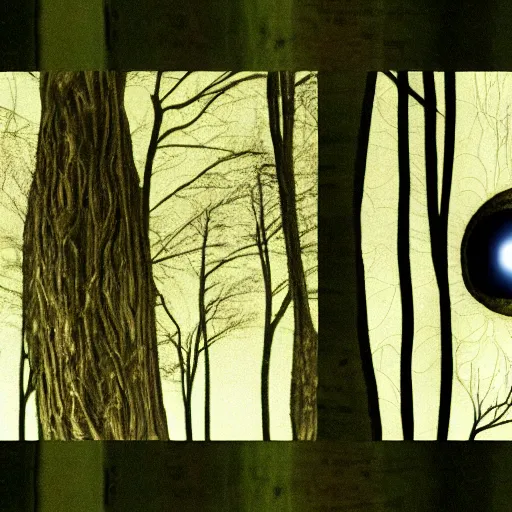 Prompt: the trees have eyes and they're watching me, acid replications, hyperdetailed, cinematic