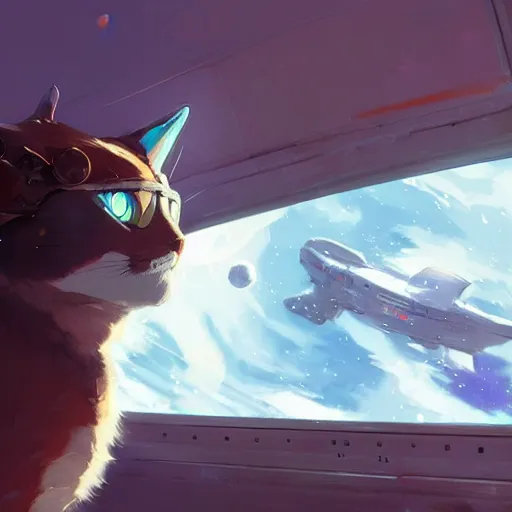 Prompt: space cat piloting in cabin, by makoto shinkai, greg rutkowski, artstation, high detailed, cgsociety,