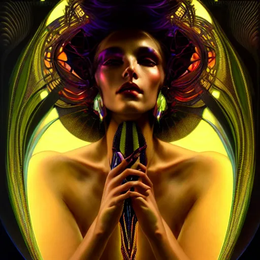 Image similar to extremely psychedelic beautiful cyborg queen of lsd infected by night. intricate, elegant, highly detailed, extremely lifelike photorealistic digital painting, artstation. steichen, gaston bussiere, tom bagshaw, cyberpunk alphonse mucha. elegant minimalism. anatomically correct. sultry. sharp focus. black. surreal lush hallucination