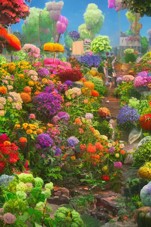 Image similar to super detailed color art, a lot of small garden flowers, A multiverse of fruits, unreal engine, wes anderson color palette, 3d render, colorful, digital art