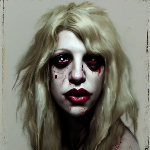 Prompt: portrait of young courtney love as a zombie with platinum blonde fluffy hair, 7 days to die zombie, gritty background, fine art, award winning, intricate, elegant, sharp focus, cinematic lighting, digital painting, 8 k concept art, art by michael hussar, art by brom, art by guweiz and z. w. gu, 8 k