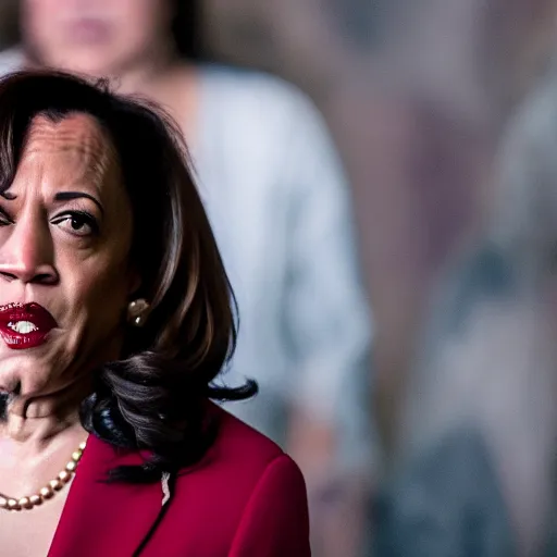 Image similar to disney cruella devilla being acted by kamala harris, 8 k, professional photography, cinematic shot, dark, smoke