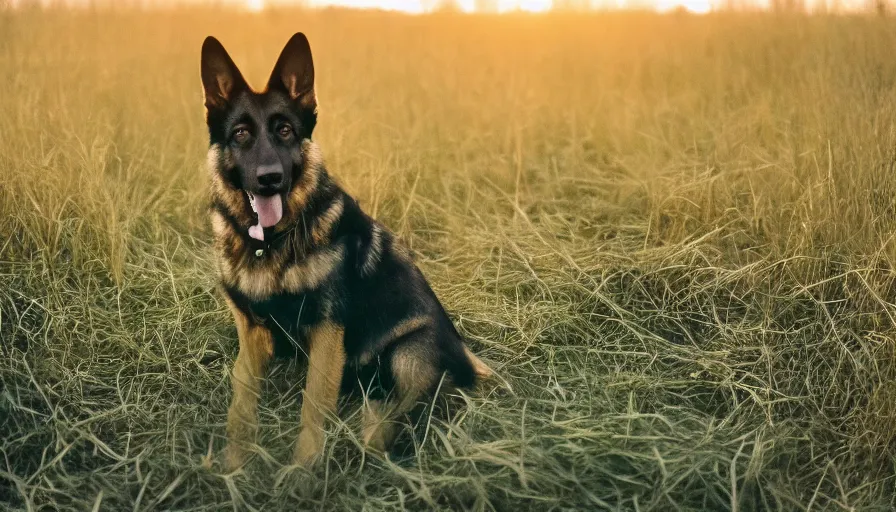 Prompt: cinematic movie still of a german shepard sitting in northwest new jersey in field, cinestill 8 0 0 t 3 5 mm a 2 4 studios, heavy grain, high quality, high detail, golden hour, warm light