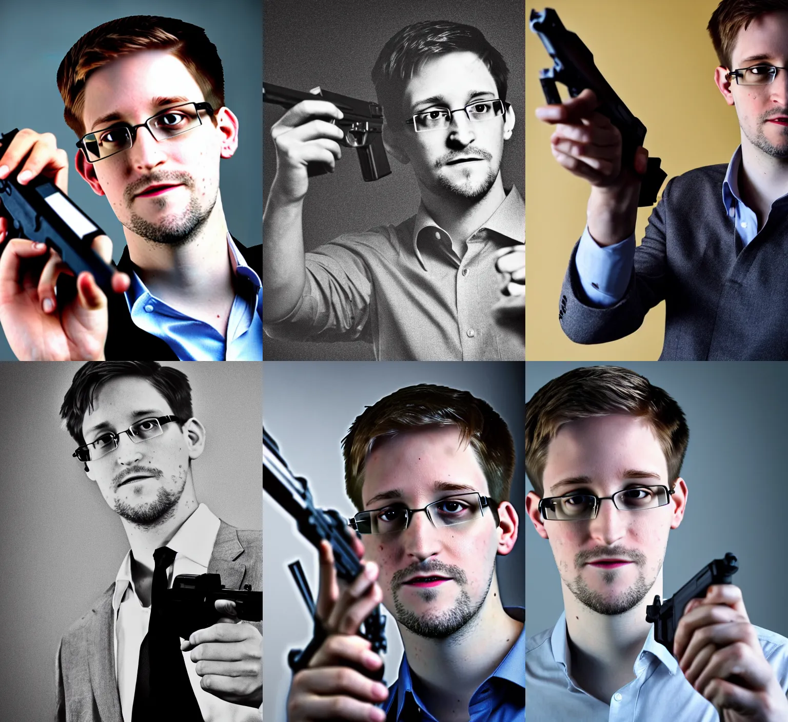 Prompt: edward snowden holding a gun, 4k photograph, low angle, wide shot, fast shutter speed, dramatic backlighting, in the style of james bond and sherlock holmes