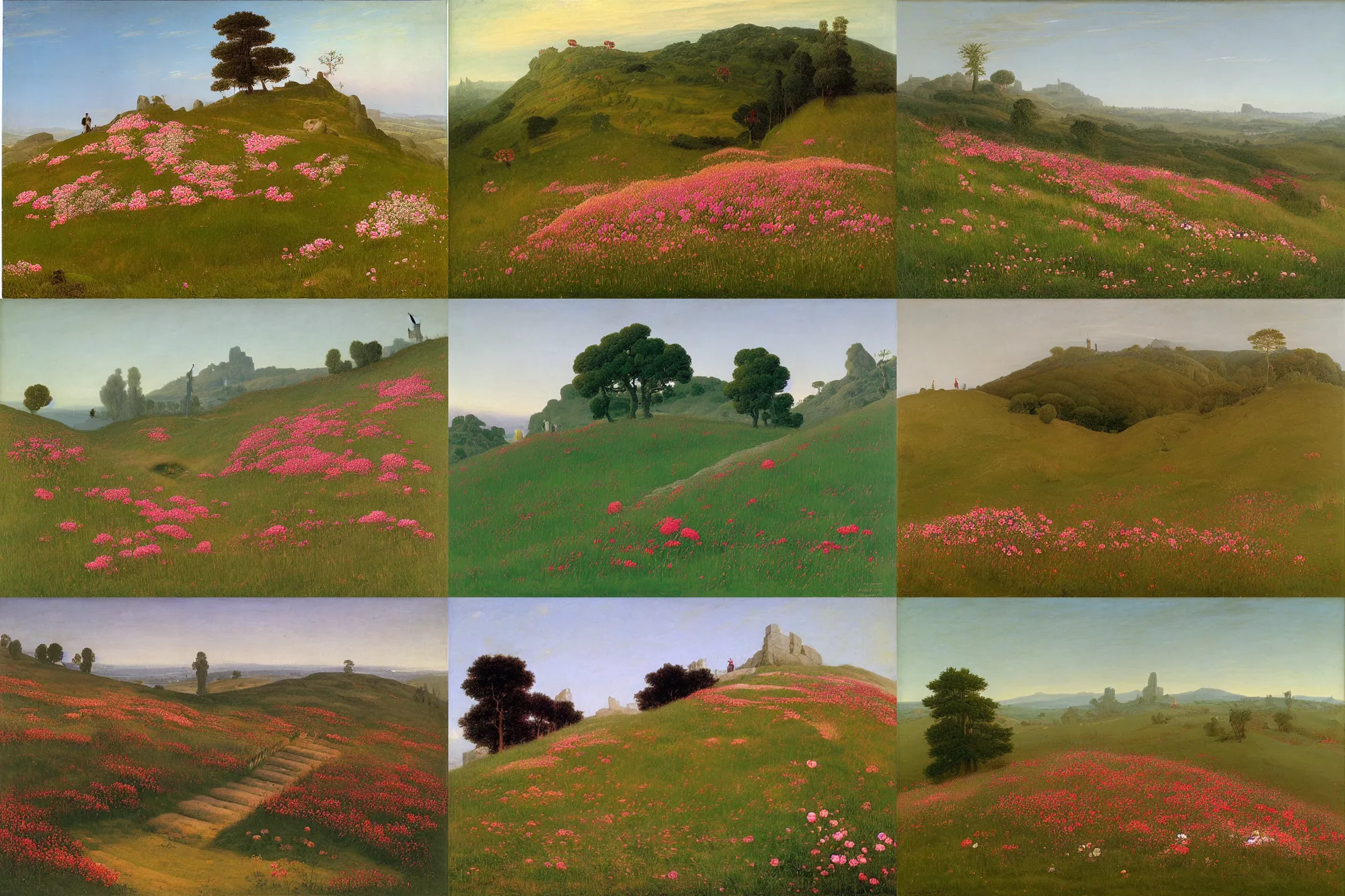 Prompt: a square shape gate in the middle of a hill full of endless grass and pink flowers, by caspar david friedrich