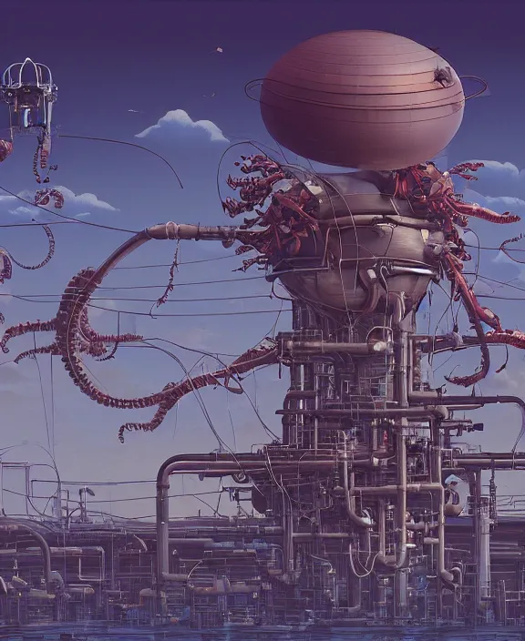 Prompt: simplicity, inflated industrial plant made from isopod lobster octopus, in the style of spaceship, overgrown with orchids, partly cloudy, somber, dramatic lighting, by geof darrow, bill sienkiewicz, dan mumford, yusuke murata, makoto shinkai, ross tran, cinematic, unreal engine, cel shaded, featured on artstation, pixiv