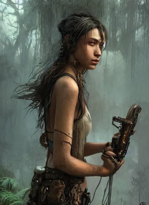 Prompt: portrait of a young very beautiful cute tribal woman with a steampunk gun, in a post apocalyptic city overgrown with lush vegetation, by Luis Royo, by Greg Rutkowski, dark, gritty, intricate, volumetric lighting, volumetric atmosphere, concept art, cover illustration, octane render, trending on artstation, 8k