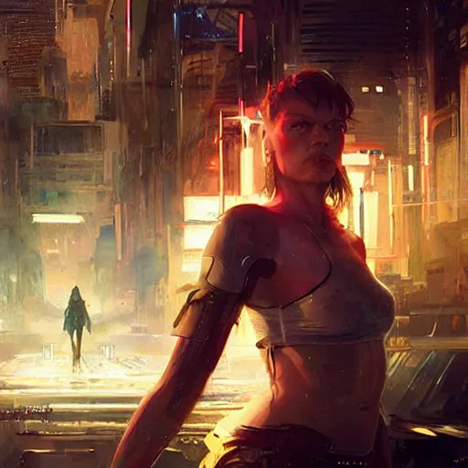 Image similar to milla jovovich looks to the camera in the foreground of art by greg rutkowski scifi future neon city