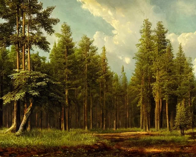 Prompt: beautiful matte painting of cute soviet block of flats hrushevka in end of forest by ivan shishkin