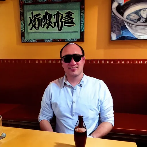 Image similar to dobodjob having a beer in a chinese restaurant