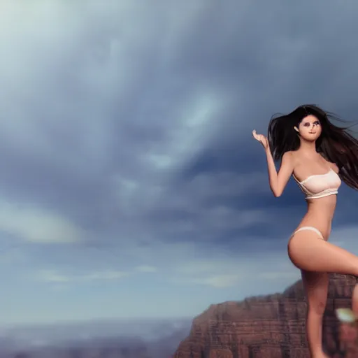 Prompt: beautiful woman angel standing on a canyon, pretty face, looks like selena gomez, octane render