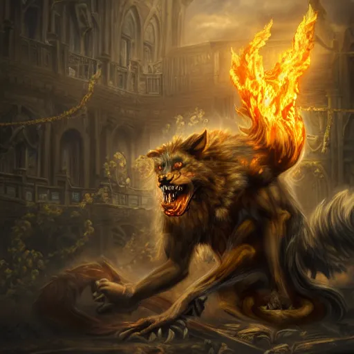 Image similar to A epic and beautiful rococo painting of a Werewolf using a burning laboratory. Castlevania style. ultra-detailed. Anime, pixiv, UHD 8K CryEngine, octane render