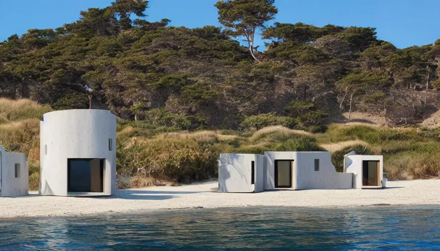 Image similar to An architectural rending of an eco-community of contemporary 3D printed sea ranch style cabins with rounded corners and angles, beveled edges, made of cement and concrete, organic architecture, on the California coastline with side walks, parks and public space , Designed by Gucci and Wes Anderson, golden hour