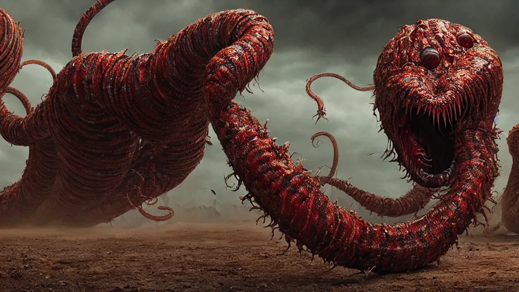 Image similar to screaming worm monster, maximalist, high detail, 8k, ornate, dark fantasy, realistic, masterpiece, complex, WLOP, film still from the movie directed by Denis Villeneuve with art direction