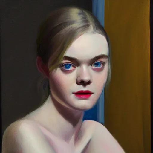 Prompt: professional painting of Elle Fanning in the style of Edward Hopper, head and shoulders portrait, symmetrical facial features, smooth, sharp focus, illustration, intricate, stormy weather, extremely detailed masterpiece,