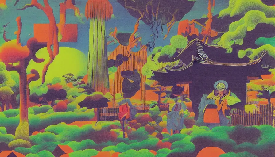 Prompt: Japan rural splendor travel and tourism c2050, surrealist psychedelic collage painting in the style of Magritte, Roger Dean, Yoshio Awazu, muted deep neon color