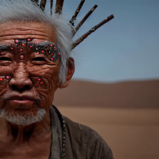 Image similar to floating old asian man with beard, his head covered in jewels, full face occult silver mask, glowing eyes, wearing a large carved wooden stick, smoke around him, in the dry rock desert, cinematic shot, wide angle, desert background, multiple eyes by Denis Villeneuve, Lubezki, Gaspar Noe and Christopher Doyle, Alejandro Jodorowsky, anamorphic lens, anamorphic lens flares, kodakchrome, cinematic composition, practical effects, award winning photo, 8k