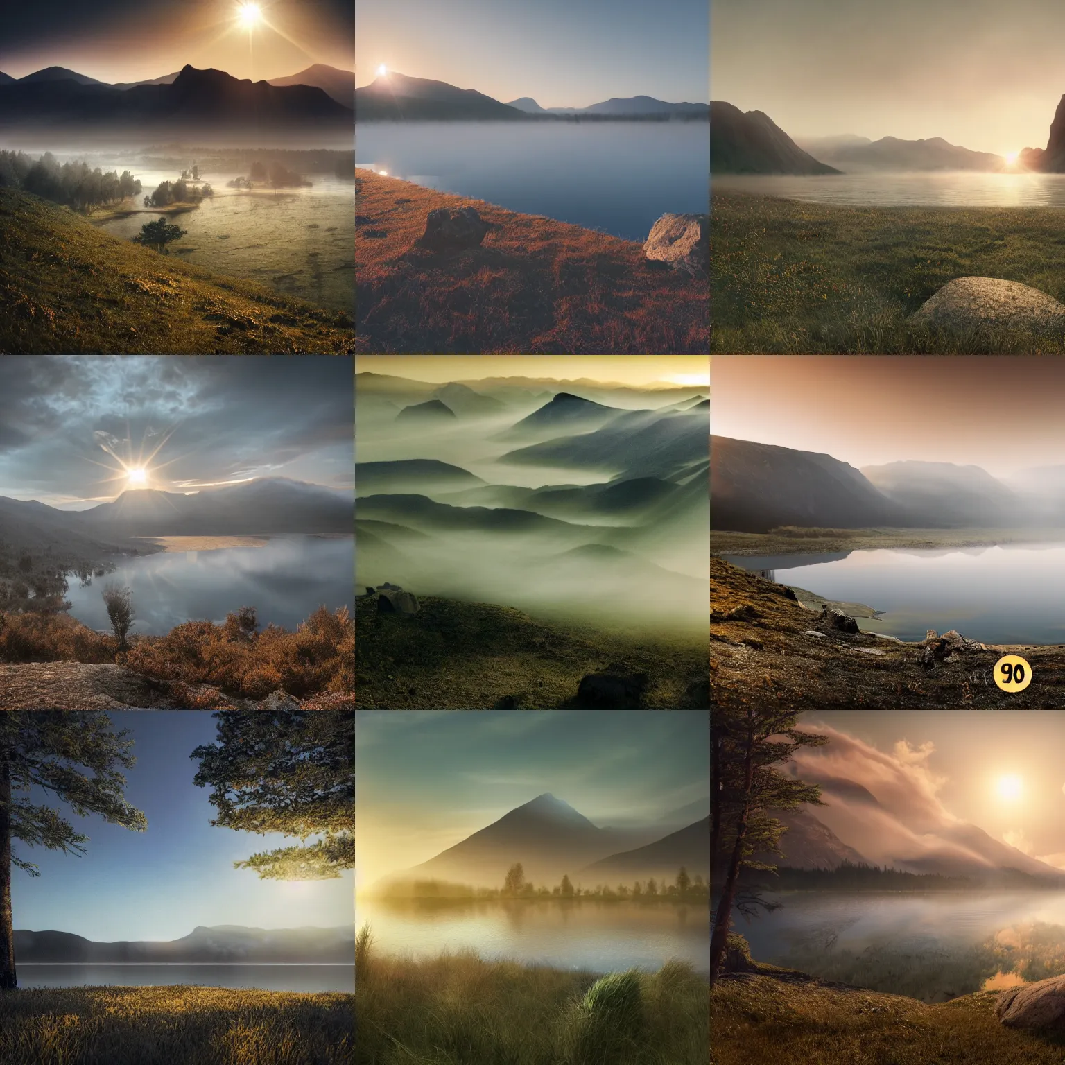 Prompt: photo of epic landscape with a lake, golden hour, misty ground, rocky ground, distant mountains, close-up, macro, hazy, foggy, atmospheric perspective, altostratus clouds,, cinematic, 1000mm lens, anamorphic lens flare, photographic, octane render, cinematography by roger deakins, in the style of ansel adams, low details,