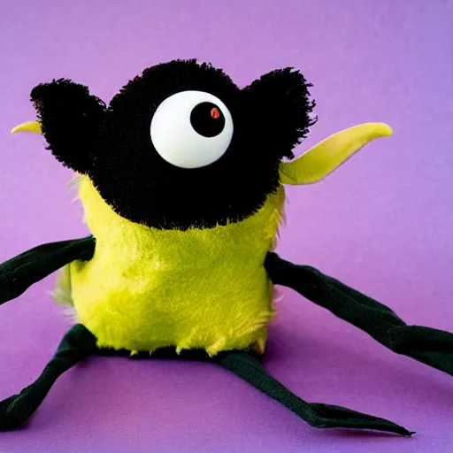 Image similar to a chibi plush goth mantaray muppet, in the style of the muppets, with character design by spongebob the musical on broadway, real, photograph, cinematic