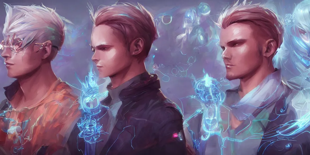 Image similar to concept art of young male netrunner d & d video game characters head designs, unique hair designs, by marc brunet and artgerm