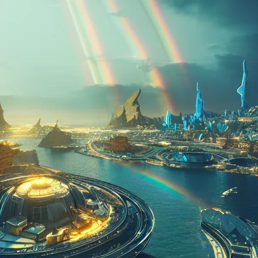 Image similar to a view of a golden fantasy sci fi luxurious city with cerulean oceansides and a rainbow hard light bridge, scandinavian / norse influenced, cinematic, ray traced, octane render, cinematic lighting, ultrarealistic, featured on artstation, 8 k uhd artwork