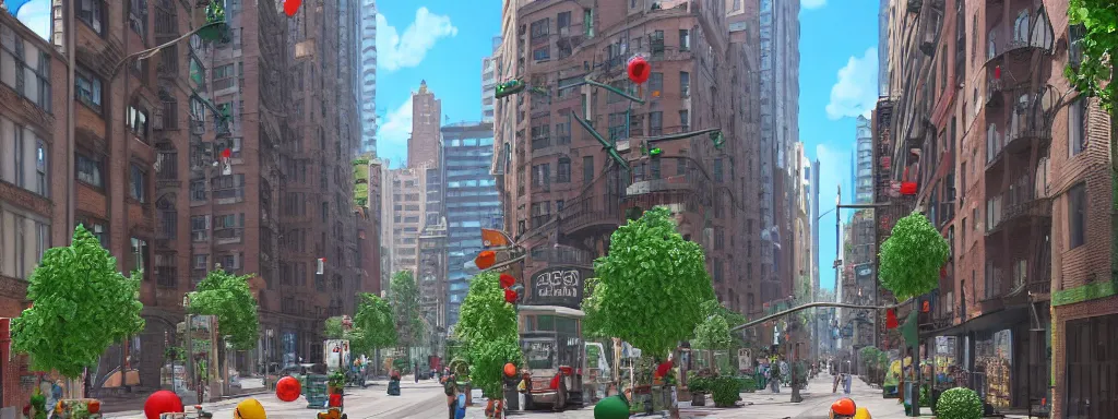 Prompt: realistic new york city street brooklyn, with large 3 d green pipes from super mario scattered on the buildings and on the street, sunny day, concept art on artstation, hyperdetailed, vray render, octane render,