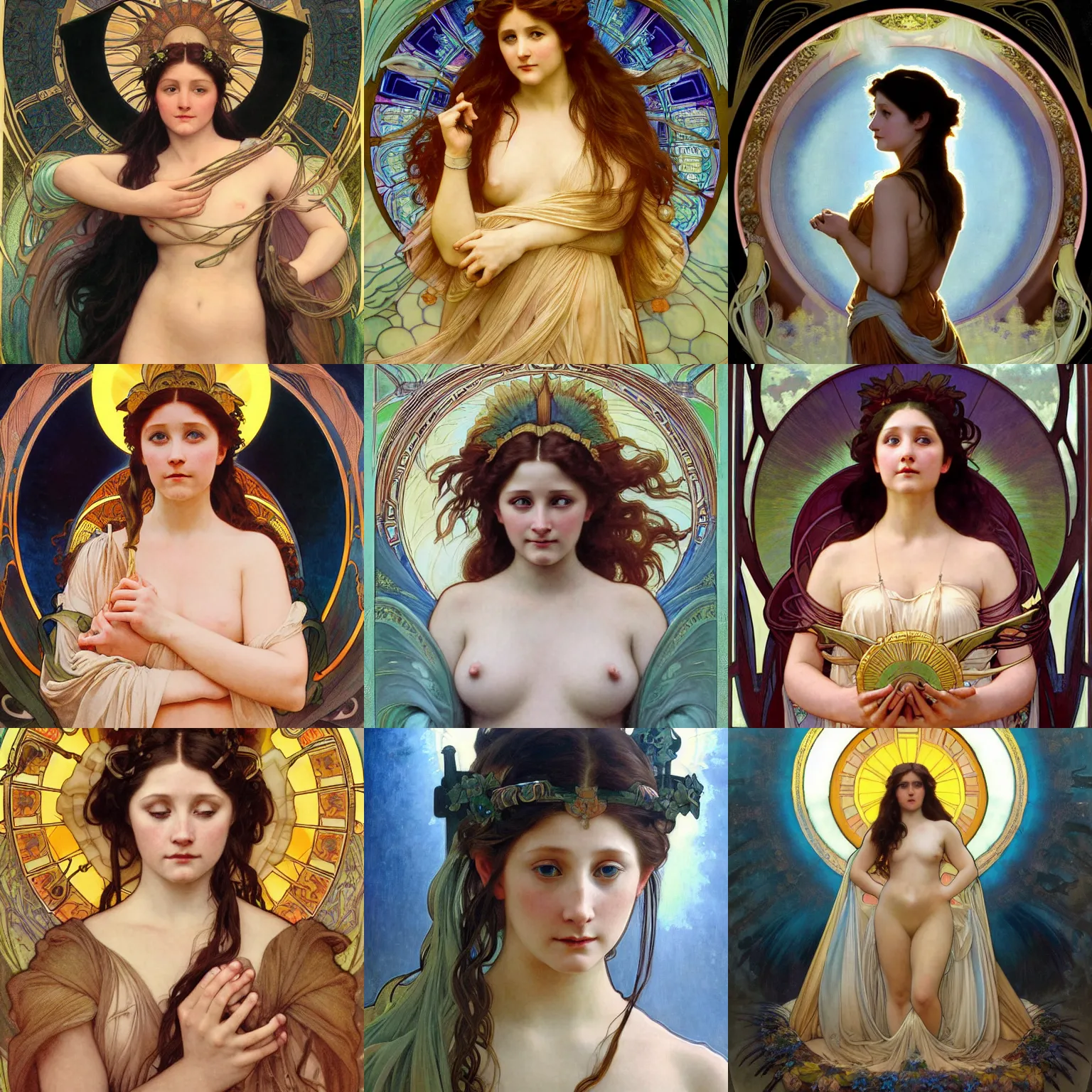 Prompt: stunning, breathtaking, awe-inspiring award-winning concept art nouveau painting of attractive Emma Kenney as the goddess of the sun, with anxious, piercing eyes, by Alphonse Mucha, Michael Whelan, William Adolphe Bouguereau, John Williams Waterhouse, and Donato Giancola, cyberpunk, extremely moody lighting, glowing light and shadow, atmospheric, cinematic, 8K