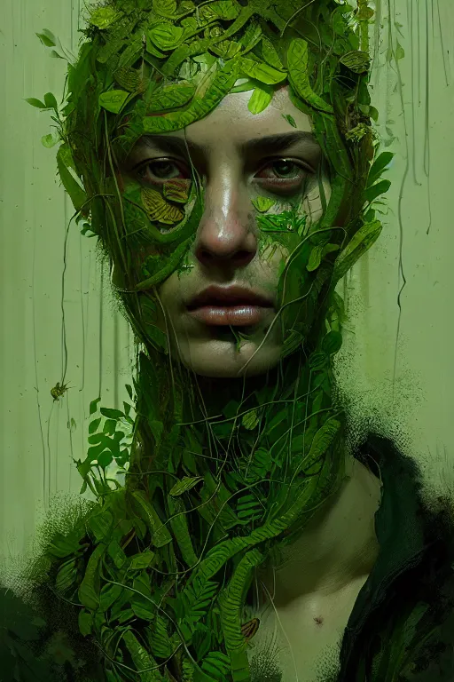 Image similar to detailed portrait of person made of green vines, plants, horror, gritty, elegant, luxury, by ismail inceoglu dragan bibin hans thoma greg rutkowski alexandros pyromallis nekro rene maritte illustrated, perfect face, fine details, realistic shaded