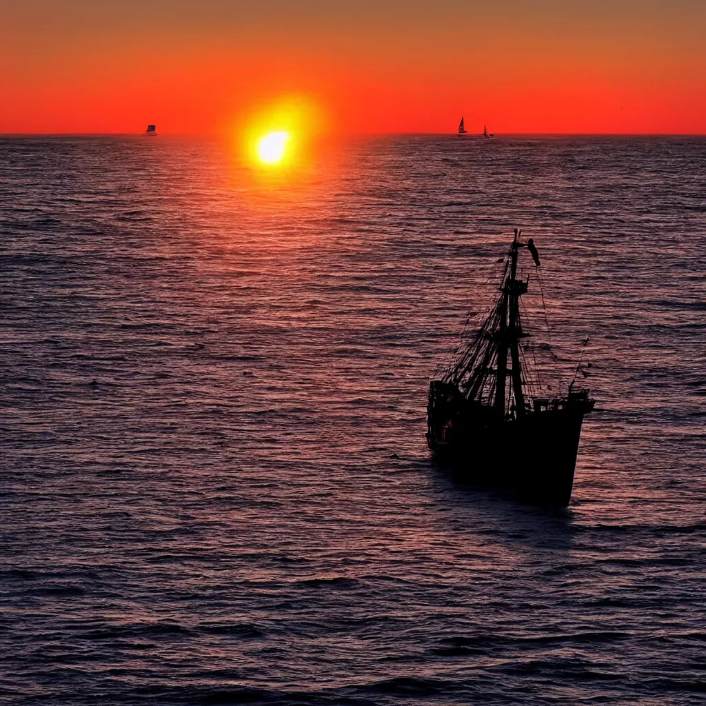 Prompt: beautiful sunset over the ocean with the silhouette of a pirate ship in the center, award winning photography