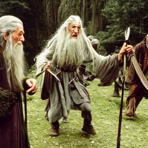 Prompt: shamanic ritual run by gandalf, a scene from lord of the rings,