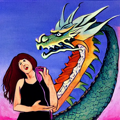 Image similar to woman is talking to a large dragon, art by Chris Achilleos ,