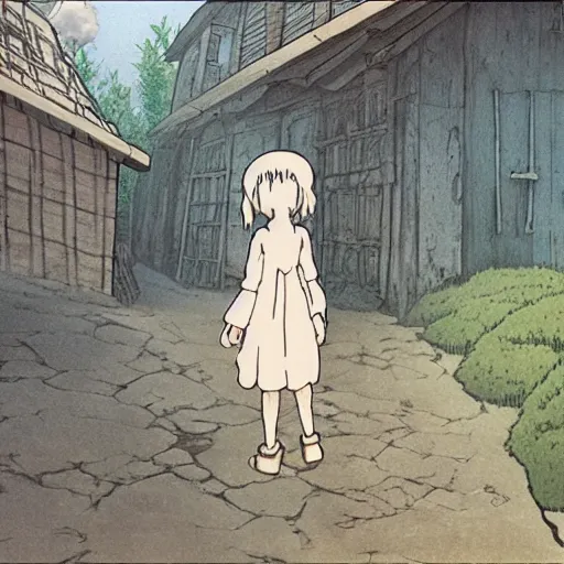 Image similar to ghost of a young girl, a burnt out village, photorealism, cel shaded, studio ghibli, hayao miyazaki