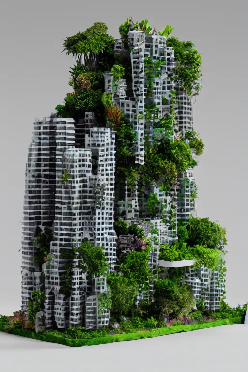 Image similar to 3 d printed physical model organic flowy including more than one city into one vertical building model that sits on a table in a room with a view back, multiple stories, transparent, with vegetation, colorful, eye - level view, 8 0 k, octane render, highly detailed 3 d render,