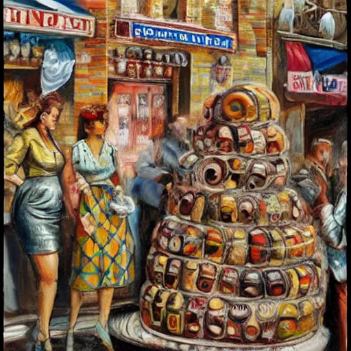 Image similar to by reginald marsh eclectic sangria. a street art of a city made entirely out of kulich, a traditional russian easter bread. the city is bustling with activity. the street art is playful & whimsical, with a touch of magic.