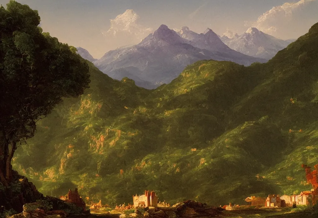 Image similar to painting of a rural town with mountains in the background, thomas cole