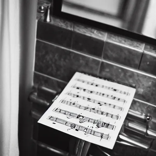 Image similar to abandoned sheet music in a bathroom