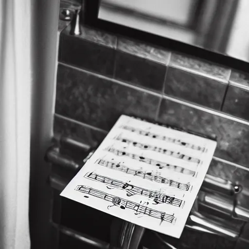 Prompt: abandoned sheet music in a bathroom