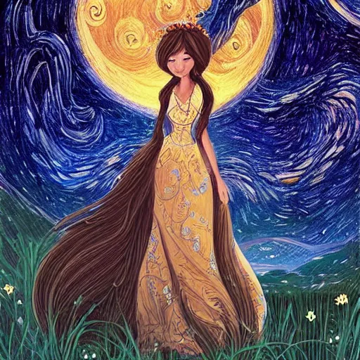 Image similar to A beautiful illustration of a woman with long flowing hair, wild animals, and a dark, starry night sky. Wanda Gág by Lilia Alvarado ornate