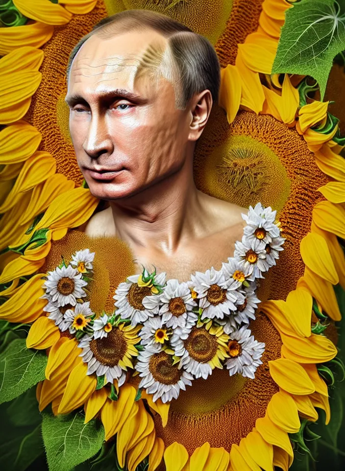 Image similar to photo portrait of Vladimir Putin - sunflowers - dressed in long elegant intricate ornamental sunflower dress, natural skin tone, highly detailed realistic flowers ornament in the upper side of breast, hair and wrinkles are intricate with highly detailed realistic flowers, elegant, Realistic, Refined, Highly Detailed, natural soft pastel lighting colors scheme, fine art photography by Cecil Beaton, volumetric lighting, hyper realistic photography