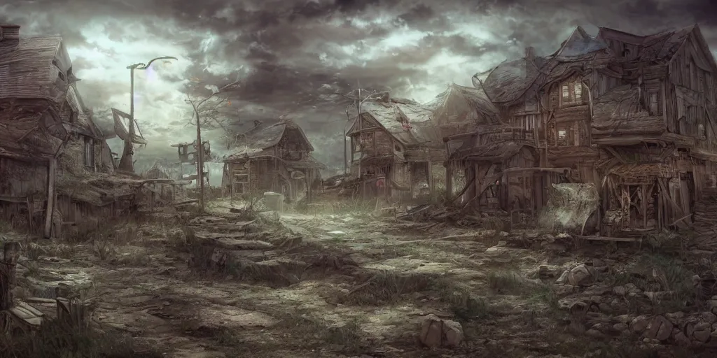 Prompt: old farmers town, apocalyptic fantasy, mmo, digital art, 4 k