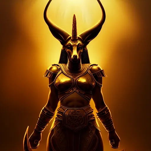 Image similar to Majestic gracious Anubis female warrior portrait, atmospheric lighting, painted, intricate, volumetric lighting, beautiful, rich deep colours masterpiece, golden hour, sharp focus, ultra detailed, by Leesha Hannigan, Ross Tran, Thierry Doizon, Kai Carpenter, Ignacio Fernández Ríos