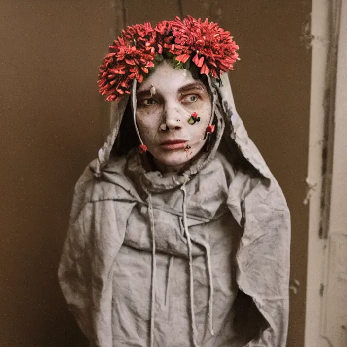 Prompt: a woman wearing a hood made of wire and zinnias, in an abandoned office building, by vincent desiderio, canon eos c 3 0 0, ƒ 1. 8, 3 5 mm, 8 k, medium - format print